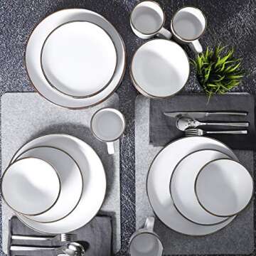 Gibson Home Rockaway Round Stoneware Dinnerware Set, Service for 4 (16pcs), Matte White/Metallic Rim