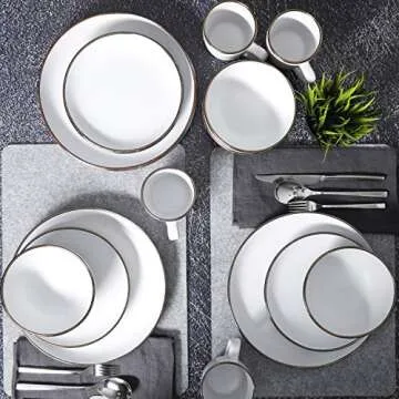 Gibson Home Rockaway Round Stoneware Dinnerware Set, Service for 4 (16pcs), Matte White/Metallic Rim
