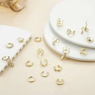 HAIAISO 18 Pcs Gold Ear Cuffs for Women Non Piercing Adjustable Ear Cuff Earrings Clip On Cartilage Helix Wrap Ear Jewelry Set…