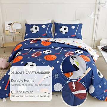 RYNGHIPY Kids Sports Theme Bedding Set, Basketball Football Baseball Tennis Print Comforter Set for ...