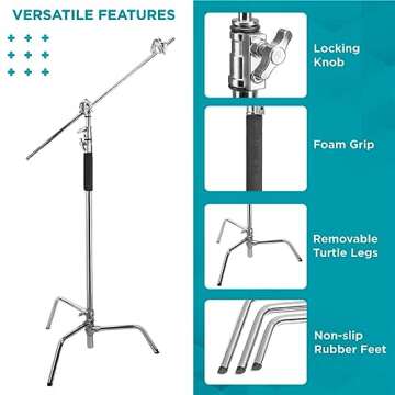 Flashpoint 10' C Light Stand on Turtle Base Kit with Two Tier Spring Loaded Riser Column, Two 3" GOBO Heads, Baby Pin and 40" Grip Arm, Chrome, a C Stand for Cinema and Still Studios