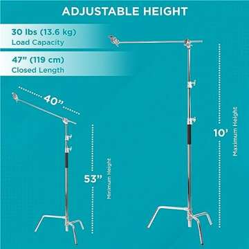 Flashpoint 10' C Light Stand on Turtle Base Kit with Two Tier Spring Loaded Riser Column, Two 3" GOBO Heads, Baby Pin and 40" Grip Arm, Chrome, a C Stand for Cinema and Still Studios