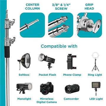 Flashpoint 10' C Light Stand on Turtle Base Kit with Two Tier Spring Loaded Riser Column, Two 3" GOBO Heads, Baby Pin and 40" Grip Arm, Chrome, a C Stand for Cinema and Still Studios
