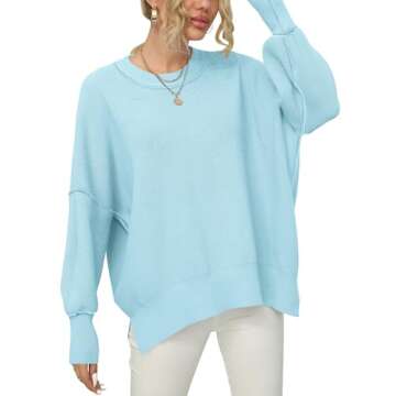 ANRABESS Women Crewneck Batwing Long Sleeve 2024 Fall Oversized Side Slit Ribbed Knit Pullover Sweaters Top Cozy Outfits Light Blue X-Large