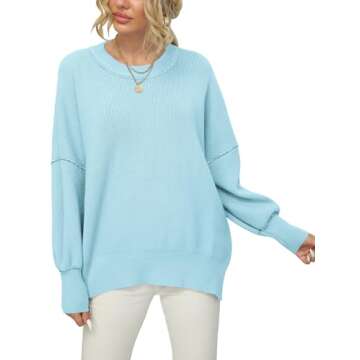 ANRABESS Women Crewneck Batwing Long Sleeve 2024 Fall Oversized Side Slit Ribbed Knit Pullover Sweaters Top Cozy Outfits Light Blue X-Large