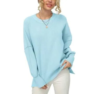 ANRABESS Women Crewneck Batwing Long Sleeve 2024 Fall Oversized Side Slit Ribbed Knit Pullover Sweaters Top Cozy Outfits Light Blue X-Large