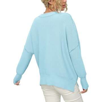 ANRABESS Women Crewneck Batwing Long Sleeve 2024 Fall Oversized Side Slit Ribbed Knit Pullover Sweaters Top Cozy Outfits Light Blue X-Large