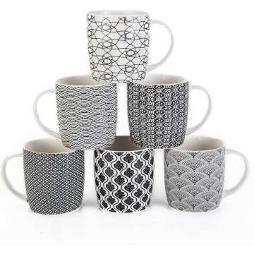 MACHUMA Set of 6 11.5 oz Geometric Coffee Mugs - Stylish Ceramic Tea Cups
