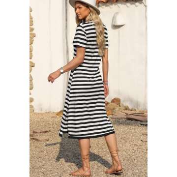 MARZXIN Casual Maxi Dress V Neck Stripe Sundress