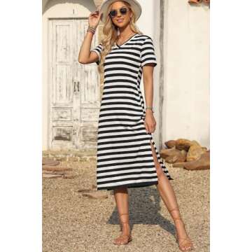 MARZXIN Casual Maxi Dress V Neck Stripe Sundress