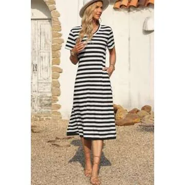 MARZXIN Casual Maxi Dress V Neck Stripe Sundress