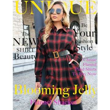 Blooming Jelly Women's Button Down Flannel Shirts Plaid Shacket Long Sleeve Collared Long Jacket Coats