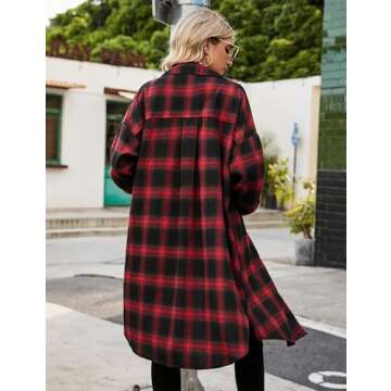 Blooming Jelly Women's Button Down Flannel Shirts Plaid Shacket Long Sleeve Collared Long Jacket Coats