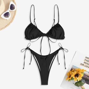 ZAFUL Women Textured High Waisted Bikini Metal O-Ring 2 Piece Swimsuits Lace Up High Cut Bathing Suit