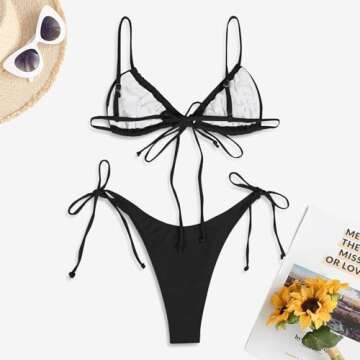 ZAFUL Women Textured High Waisted Bikini Metal O-Ring 2 Piece Swimsuits Lace Up High Cut Bathing Suit