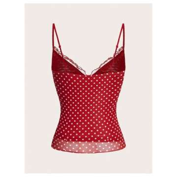 SHENHE Women's Polka Dots Frill Trim Cami Tank Spaghetti Strap Bow Front Backless Crop Tops Red Medium