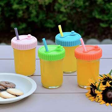 Youngever 8 Pack Glass Jars with Straws, 8 Ounce Glass Cups with Straws, Glass Mason Jars with Airtight Lids and Straws (8 Rainbow Colors)