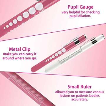 Opoway Nurse Penlight with Pupil Gauge LED Penlight Medical for Doctor Nurse Diagnostic with Free Batteries and 7 ½" Pink Bandage Scissors