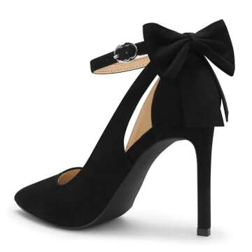 Carcuume Women's High Heels Strappy Pointed Toe Bow Pumps Ankle Strap Stiletto Party Shoes, Faye-Black-7