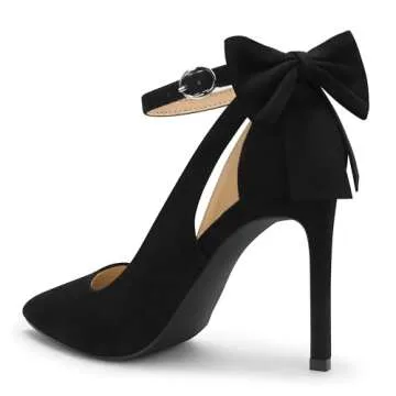 Carcuume Women's High Heels Strappy Pointed Toe Bow Pumps Ankle Strap Stiletto Party Shoes, Faye-Black-7