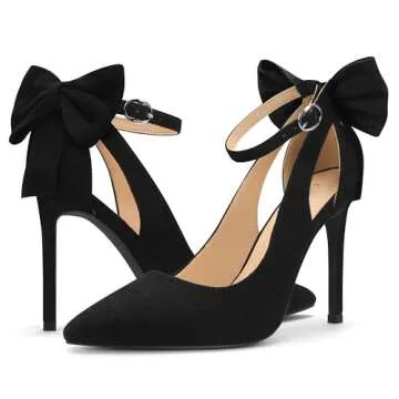 Carcuume Women's High Heels Strappy Pointed Toe Bow Pumps Ankle Strap Stiletto Party Shoes, Faye-Black-7