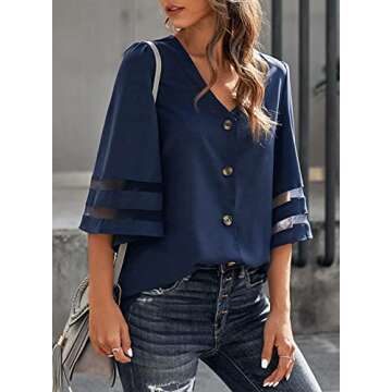 BLENCOT Womens Blue Cute Solid Chiffom Blouse Button Down Shirt 3/4 Bell Sleeve Lace Patchwork Summer Casual Loose M