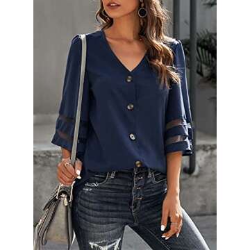 BLENCOT Womens Blue Cute Solid Chiffom Blouse Button Down Shirt 3/4 Bell Sleeve Lace Patchwork Summer Casual Loose M