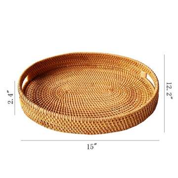 i-lan Oval Rattan X-Large Severing Tray for Fruit,Breakfast, Drinks,Food Storage Platters Plate Snack for Coffee Table, 15 Inch Woven Decorative Wicker Tray Basket with Handle and 2” Wall（XL-38cm）