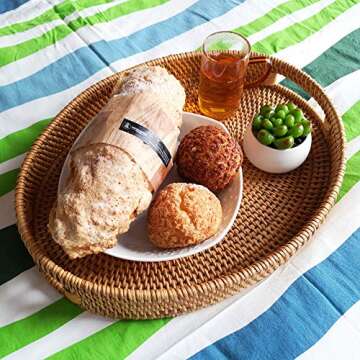 i-lan Oval Rattan X-Large Severing Tray for Fruit,Breakfast, Drinks,Food Storage Platters Plate Snack for Coffee Table, 15 Inch Woven Decorative Wicker Tray Basket with Handle and 2” Wall（XL-38cm）