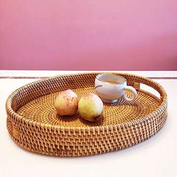 i-lan Oval Rattan X-Large Severing Tray for Fruit,Breakfast, Drinks,Food Storage Platters Plate Snack for Coffee Table, 15 Inch Woven Decorative Wicker Tray Basket with Handle and 2” Wall（XL-38cm）
