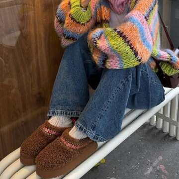 NATRAKI Women's Platform Slippers Mini Boots Braid with Plush Fleece Lining Fuzzy Slippers for Women Slip on Clogs