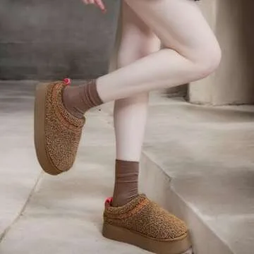 NATRAKI Women's Platform Slippers Mini Boots Braid with Plush Fleece Lining Fuzzy Slippers for Women Slip on Clogs