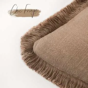 Foindtower Decorative Linen Fringe Throw Pillow Covers Cozy Boho Farmhouse Cushion Cover with Tassels Soft Accent Pillowcase for Chair Sofa Bed Living Room Home Decor, 22×22 Inch, 1PC, Khaki Brown