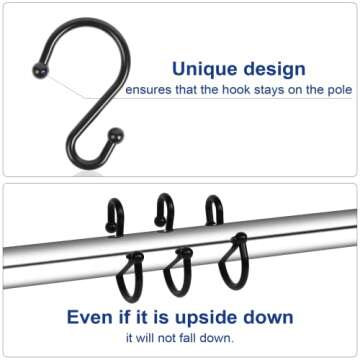 Metal Shower Curtain Hooks, Set of 12, Rust Proof Shower Curtain Hooks Rings, Durable S Shaped Hooks Hangers for Shower Curtains, Kitchen Utensils, Clothes, Towels (Black)