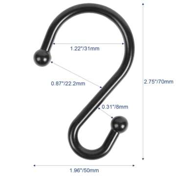 Metal Shower Curtain Hooks, Set of 12, Rust Proof Shower Curtain Hooks Rings, Durable S Shaped Hooks Hangers for Shower Curtains, Kitchen Utensils, Clothes, Towels (Black)