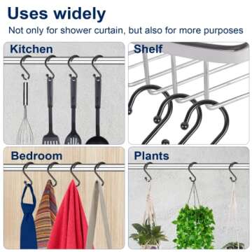 Metal Shower Curtain Hooks, Set of 12, Rust Proof Shower Curtain Hooks Rings, Durable S Shaped Hooks Hangers for Shower Curtains, Kitchen Utensils, Clothes, Towels (Black)