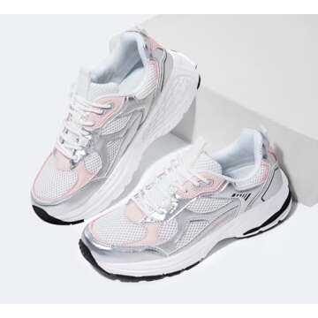LUCKY STEP Women's Platform Chunky Fashion Sneakers Mesh Casual Running Tennis Workout Sport Work Trendy Athletic Walking Shoes (White/Silver,8 US)