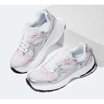 LUCKY STEP Women's Platform Chunky Fashion Sneakers Mesh Casual Running Tennis Workout Sport Work Trendy Athletic Walking Shoes (White/Silver,8 US)