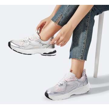 LUCKY STEP Women's Platform Chunky Fashion Sneakers Mesh Casual Running Tennis Workout Sport Work Trendy Athletic Walking Shoes (White/Silver,8 US)