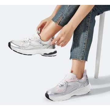 LUCKY STEP Women's Platform Chunky Fashion Sneakers Mesh Casual Running Tennis Workout Sport Work Trendy Athletic Walking Shoes (White/Silver,8 US)