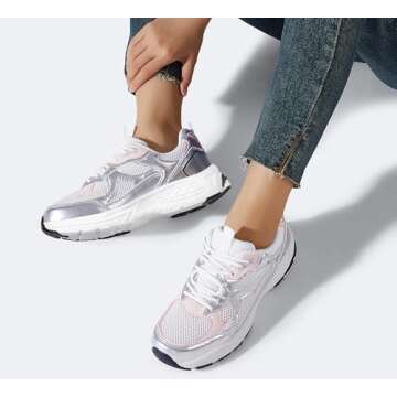 LUCKY STEP Women's Platform Chunky Fashion Sneakers Mesh Casual Running Tennis Workout Sport Work Trendy Athletic Walking Shoes (White/Silver,8 US)