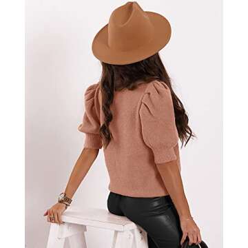 Women's Puff Short Sleeve Sweater Tops 2025 Spring Summer Trendy Crew Neck Casual T Shirts Blouses Brown