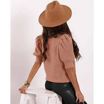 Women's Puff Short Sleeve Sweater Tops 2025 Spring Summer Trendy Crew Neck Casual T Shirts Blouses B...