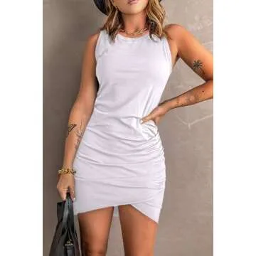 BTFBM Women 2025 Summer Sleeveless Tank Dresses Crew Neck Slim Fit Short Casual Ruched Bodycon Party Club Mini Dress(White, Small)