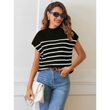 MEROKEETY Mock Neck Stripe Sweater Vest - Soft & Chic
