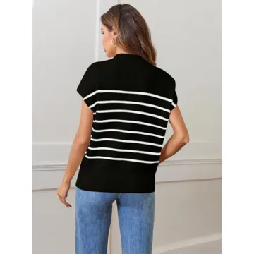MEROKEETY Mock Neck Stripe Sweater Vest - Soft & Chic