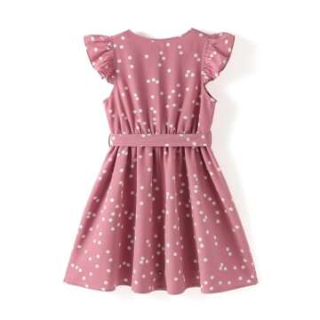 PATPAT Girl Summer Dress Button Ruffle Sleeveless Bowknot Belt Girls Casual Dress Pink Polka 9-10 Ye...