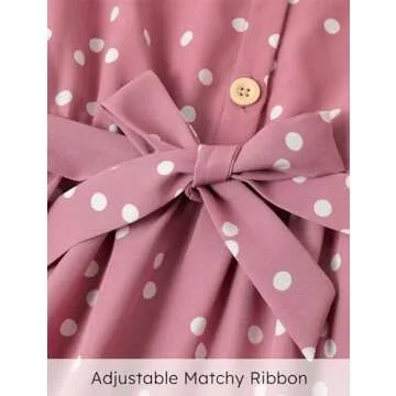 PATPAT Girl Summer Dress Button Ruffle Sleeveless Bowknot Belt Girls Casual Dress Pink Polka 9-10 Years