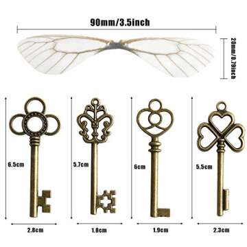 SANNIX 30 PCS Vintage Skeleton Keys Flying Keys Charms with 30 Pairs Dragonfly Wings and 30 Yards El...