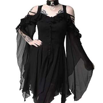 Womens Gothic Dresses Plus Size Vintage Lace V Neck Halloween Costumes Long Sleeve Cold Shoulder Wit...